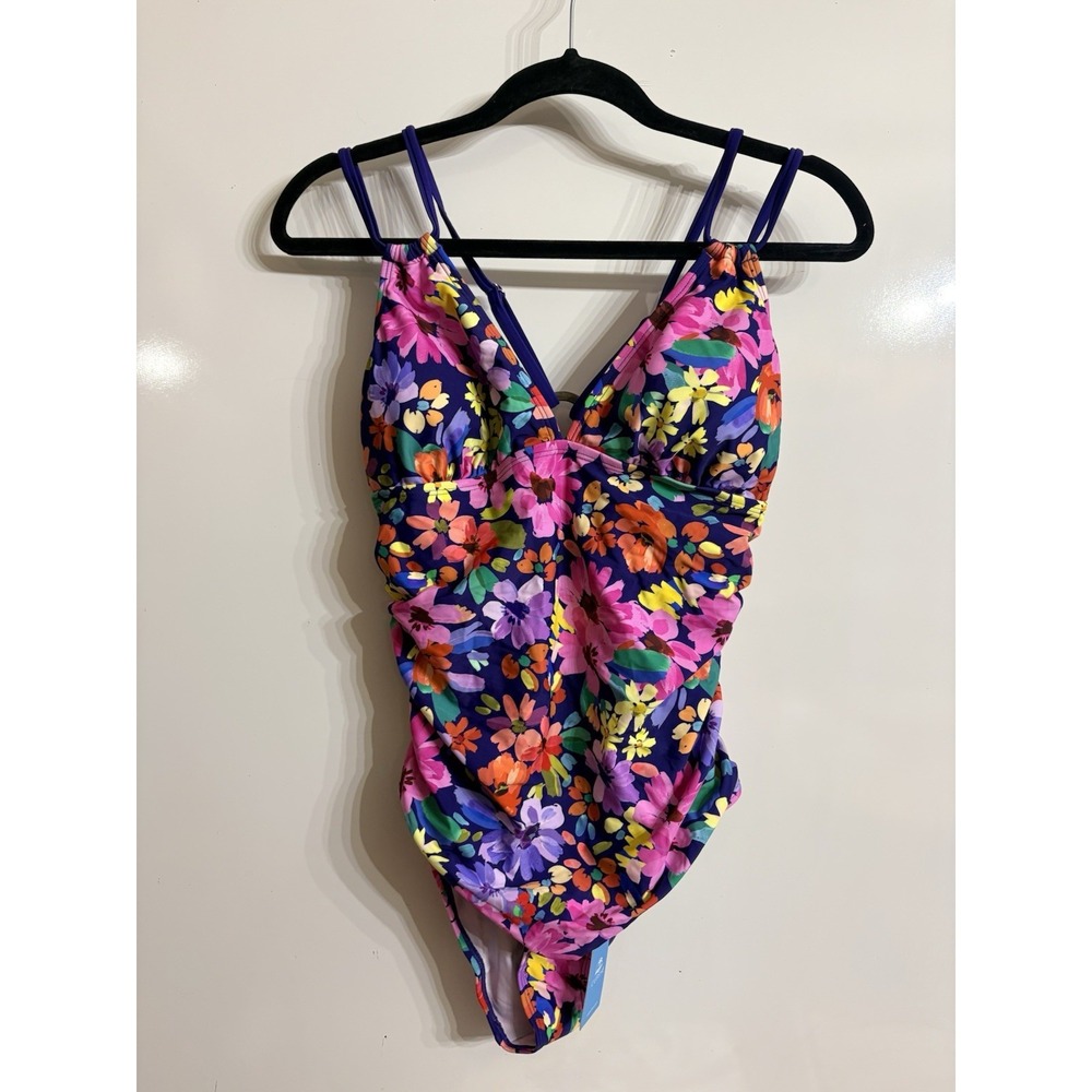 New Cupshe Women's L One-Piece Swimsuit V-Neck Back Ring Floral Navy/Multicolor - Picture 1 of 5